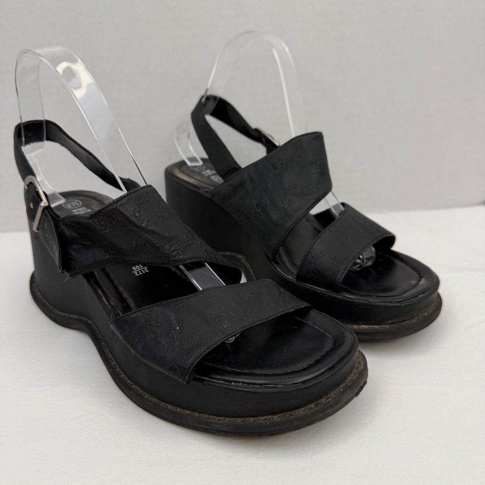 Lower East Side Black Floral Platform Wedge Sandals Womens 9W Vintage Y2K